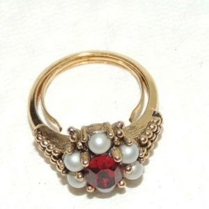 Vintage AVON Ring Sz 8 Red Stone White Faux Pearl